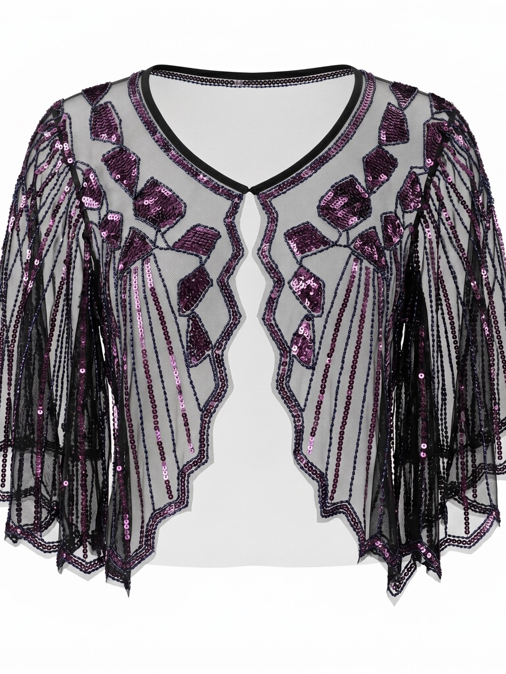 Sequin Embellished Sheer Cape Shawl Black With Purple & Blue Embellishment OS